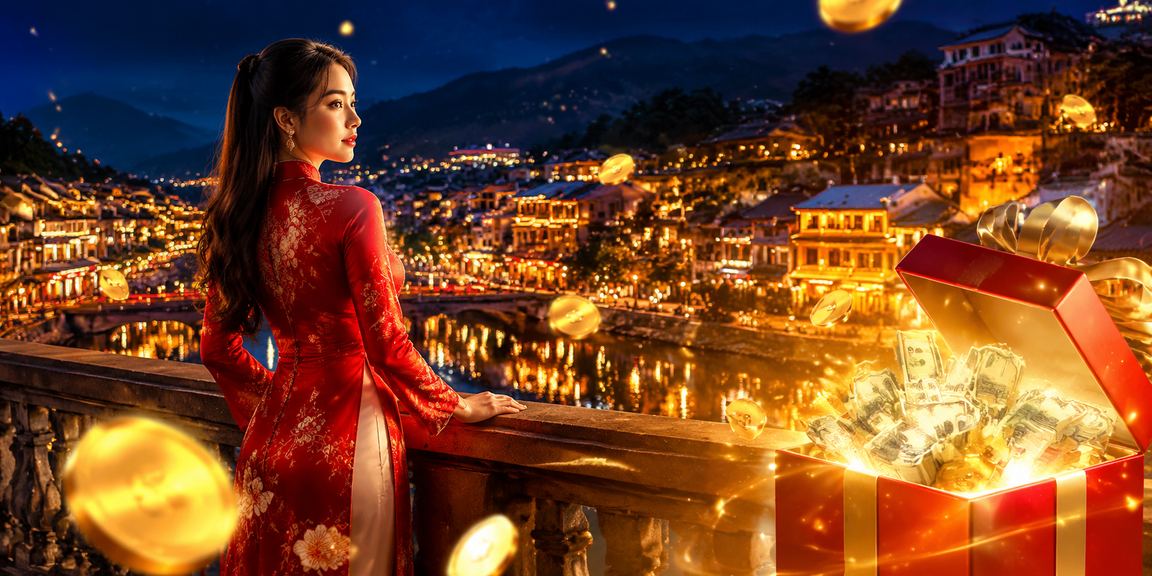 Người phụ nữ mặc áo dài tại Sa Pa sử dụng ứng dụng cược trực tuyến trên điện thoại giữa khung cảnh núi rừng